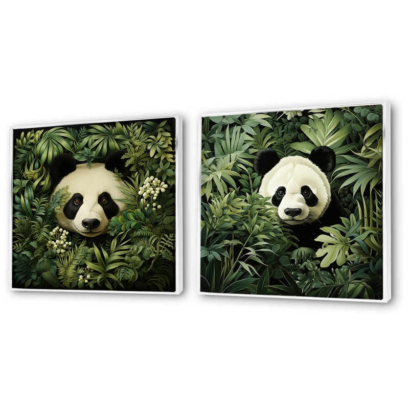 Ensemble de 2 décorations murales en bambou Hideaway Panda, Cadre flottant blanc, H 16 po x l 33 po x P 1 po