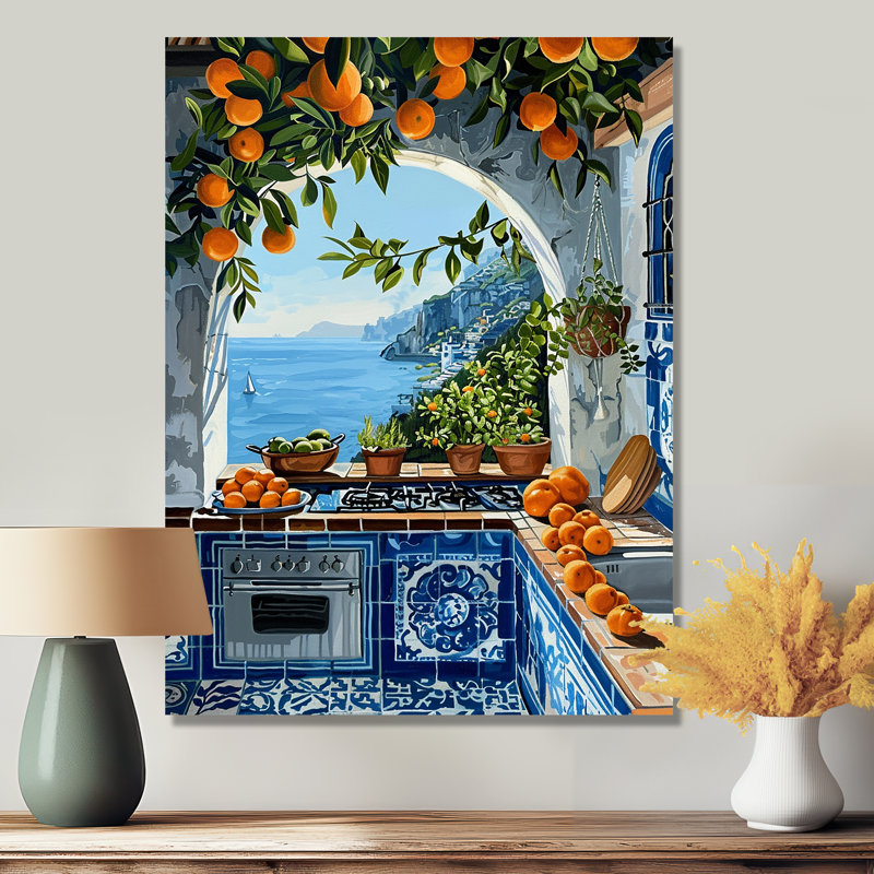 Fenêtre vue de la mer Méditerranée cuisine oranges II - cuisine murale art salon, Métal métal, H 20 po x l 12 po x P 1 po