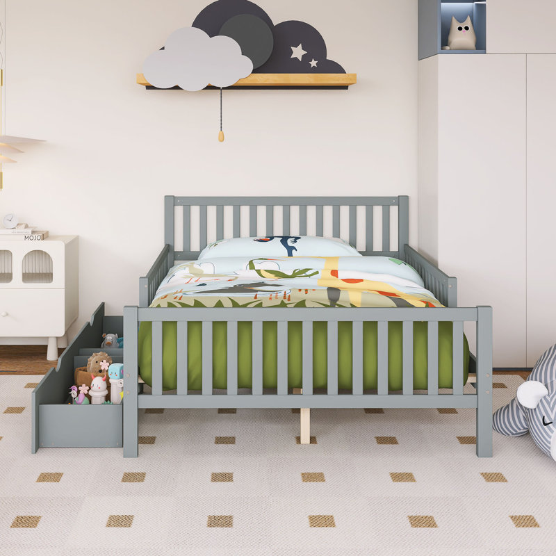 Lit plateforme double en bois avec garde-corps et deux tiroirs de rangement, Gris, Lit double