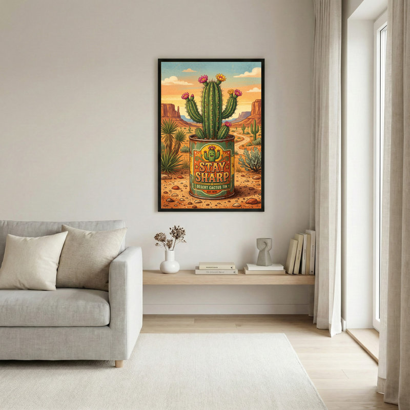 Toile noire encadrée en bois noir pour salon, chambre à coucher, bureau ou vestibule - décoration murale décorative avec cactus du désert