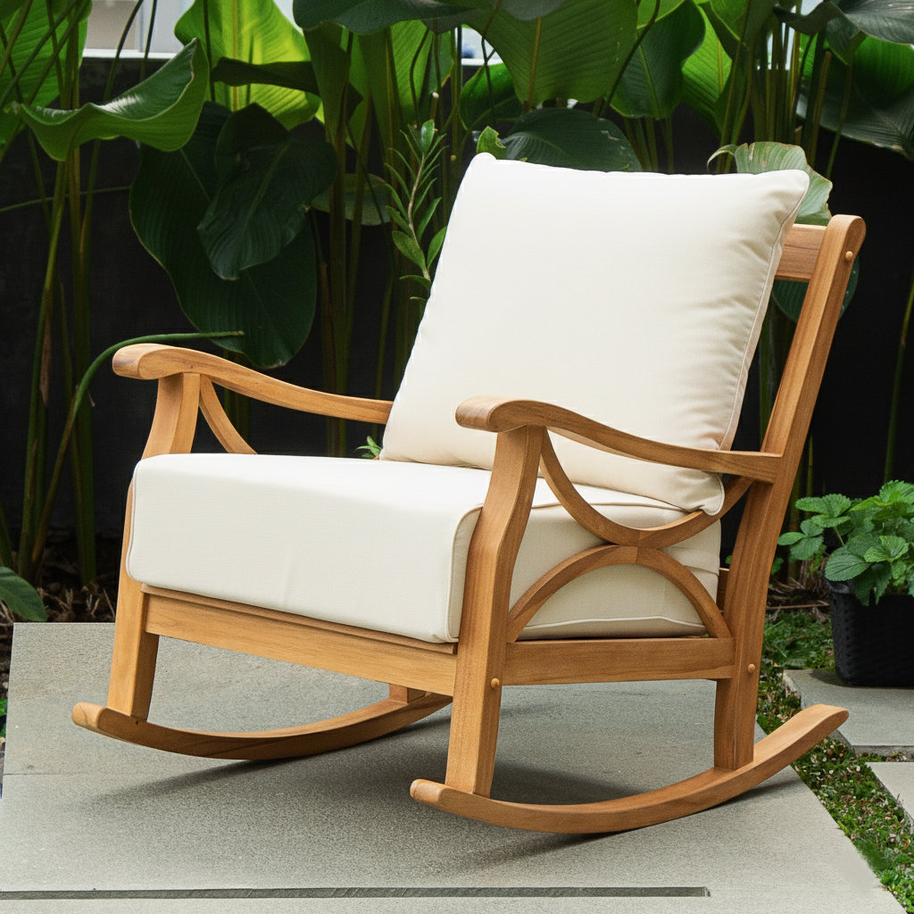 Red Barrel Studio® Brunswick Teak Outdoor Rocking Chair With Cushions ...