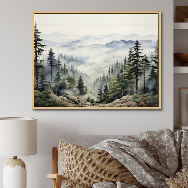 Pine Tree Misty Mountain I - Tree Pine Canvas Art, Floater Framed Print, 16" H x 32" W, Maple