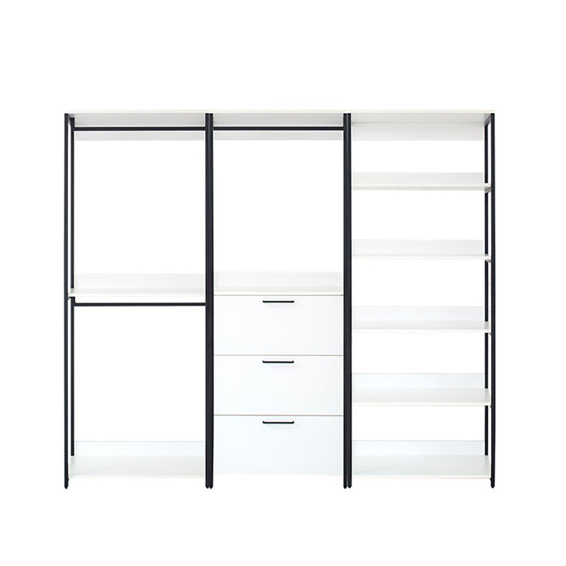 Système de garde-robe autoportant à 3 tablettes et 7 tours avec structure en métal