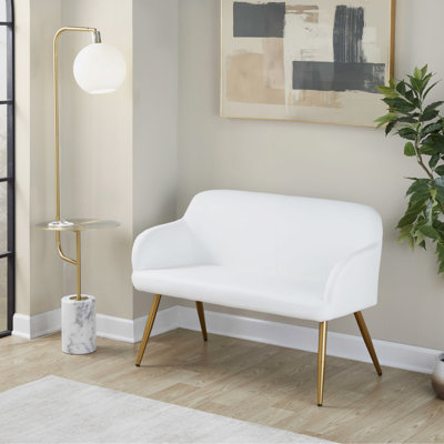 Banc à haut dossier en acier doré et similicuir blanc, design moderne élégant avec deux sièges, utilisation à l'intérieur, capacité de poids de 500 lb, assemblage requis, utilisation contemporaine seulement, nécessaire