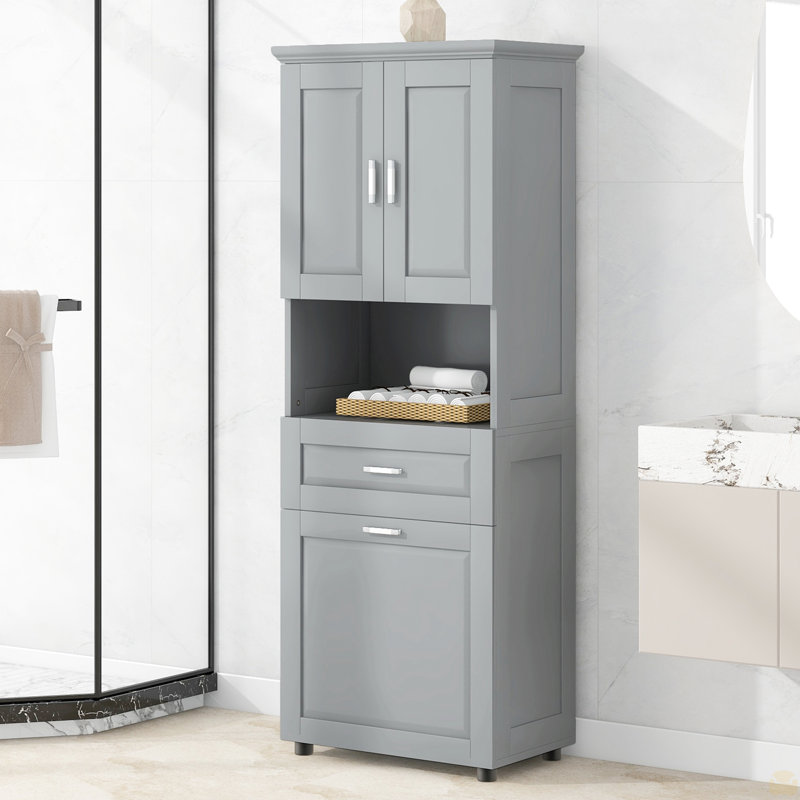 Tall Bathroom Cabinet with Laundry Basket, Large Storage Space Tilt-Out Laundry Hamper and Upper Storage Cabinet, Gray