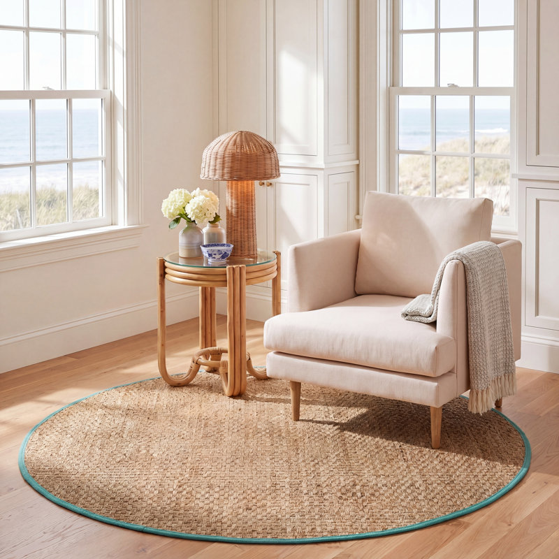 Oxnard Auckland Bamboo Slat/Seagrass Natural/Teal Area Rug, Round 6'