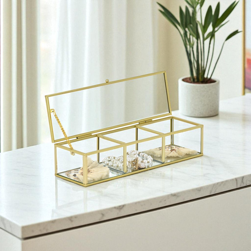 Boîte de présentation en verre à miroir 10,6 "avec 3 compartiments Verena, Doré