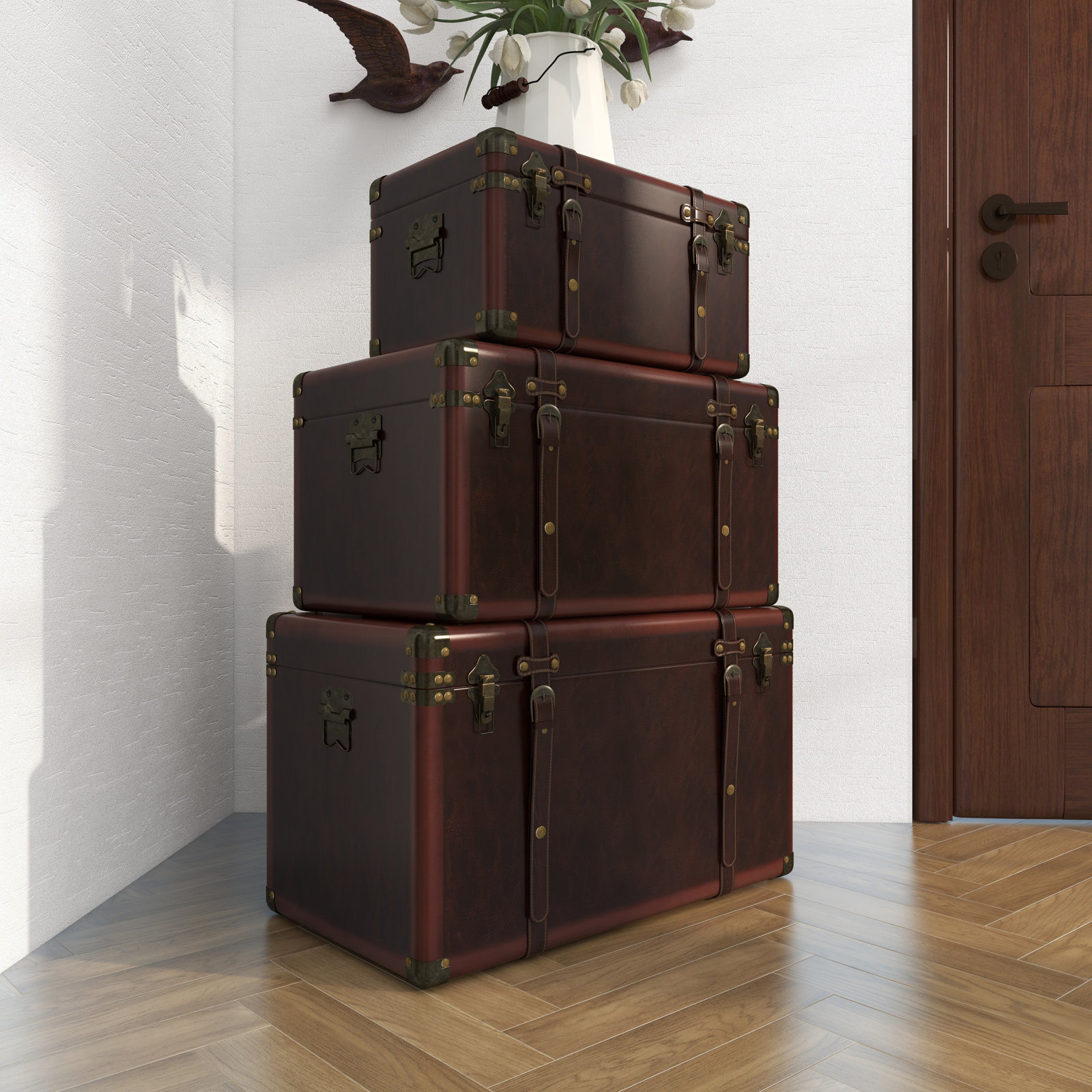 Bittinger 3 Piece Wood and Leather Trunk Set