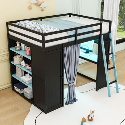 Lit mezzanine double en bois avec lumières, bureau, port USB, garde-robe et tablettes