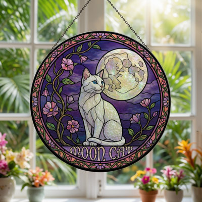 Moon Cat Stained Glass Window Panel