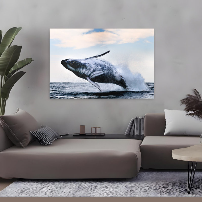 Giant Humpback Breaching Dramatic Abstract Contemporary Whale Nature Ocean Wall Art, 32" H x 48" W