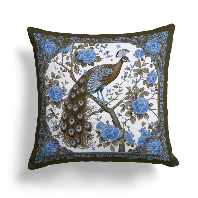 Coussin Peacock, Bleu / Orange, H 18 po x l 18 po