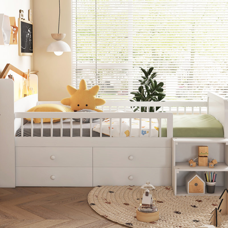 Lit mezzanine simple blanc avec rangement à DEL et tête de lit, Blanc