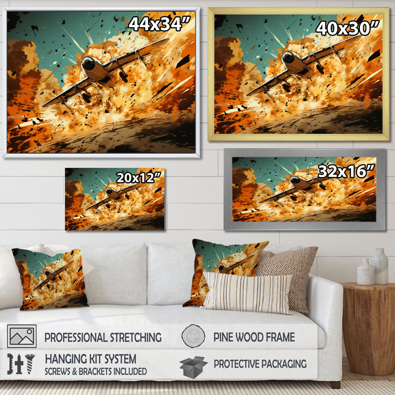 Avion qui décolle en pleine action sur toile, H 30 po x l 40 po x P 1,5 po, Cadre flottant noir