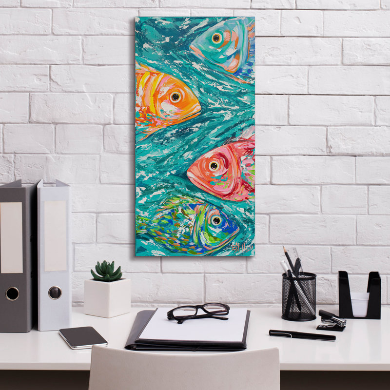 «Scuba School» par Estelle Grengs, art mural sur toile, 30 po x 60 po, H 24 po x l 12 po x P 0,75 po