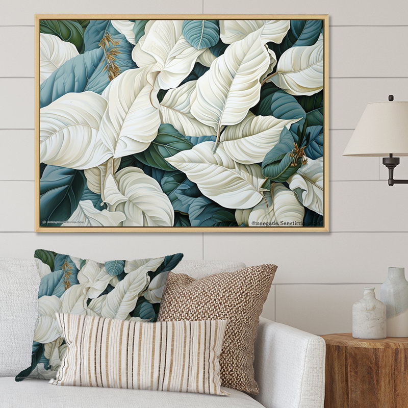 «White Leaves Charm», impression sur toile, Cadre flottant blanc, H 12 po x l 20 po x P 1 po