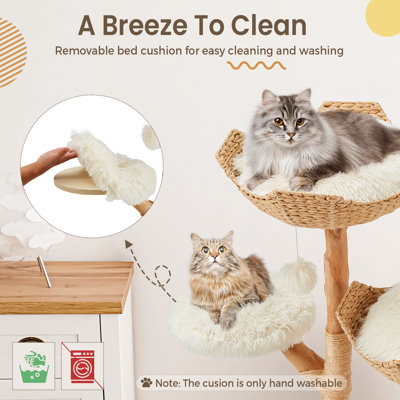Natural Wood Cat Tower With Hand-woven Baskets And Cat Condo, Tall Cat Tree For Indoor Cats, White