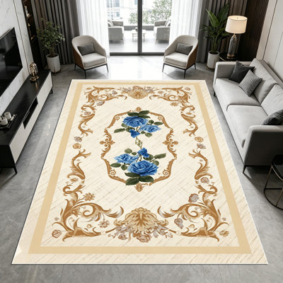1PC Vintage European Gold Baroque Blue Rose Floral area rugs for Living Room, Soft and Comfortable, Suitable for all seasons, easy-to-maintain, machine washable Indoor floor mat, Under Table Farmhouse suitable for dining room, bedroom, kitchen,