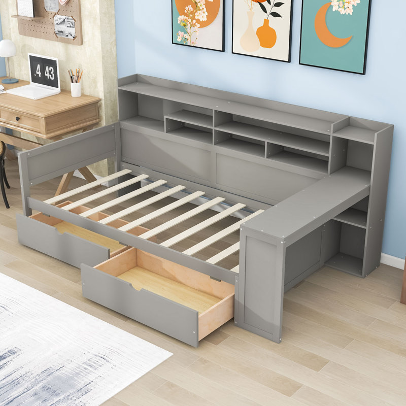 Wooden Daybed with Shelves, Two Drawers and Desk, Twin
