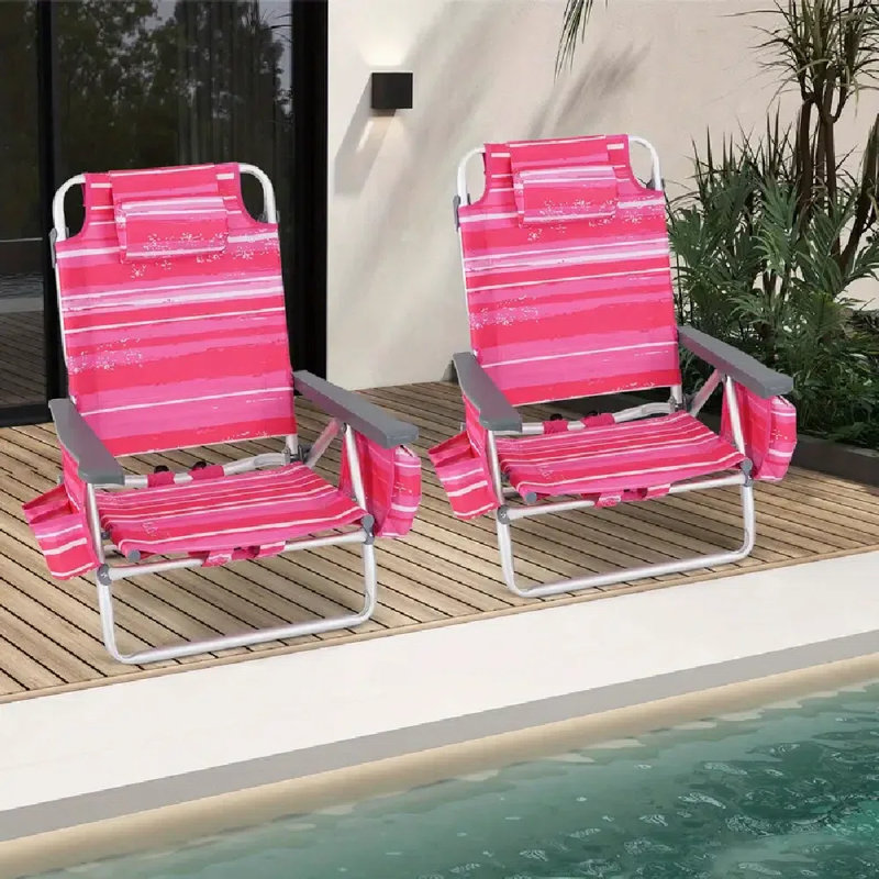 Ensemble de 2 chaises de plage pliantes à dossier inclinable à 5 positions avec coussin rose foncé