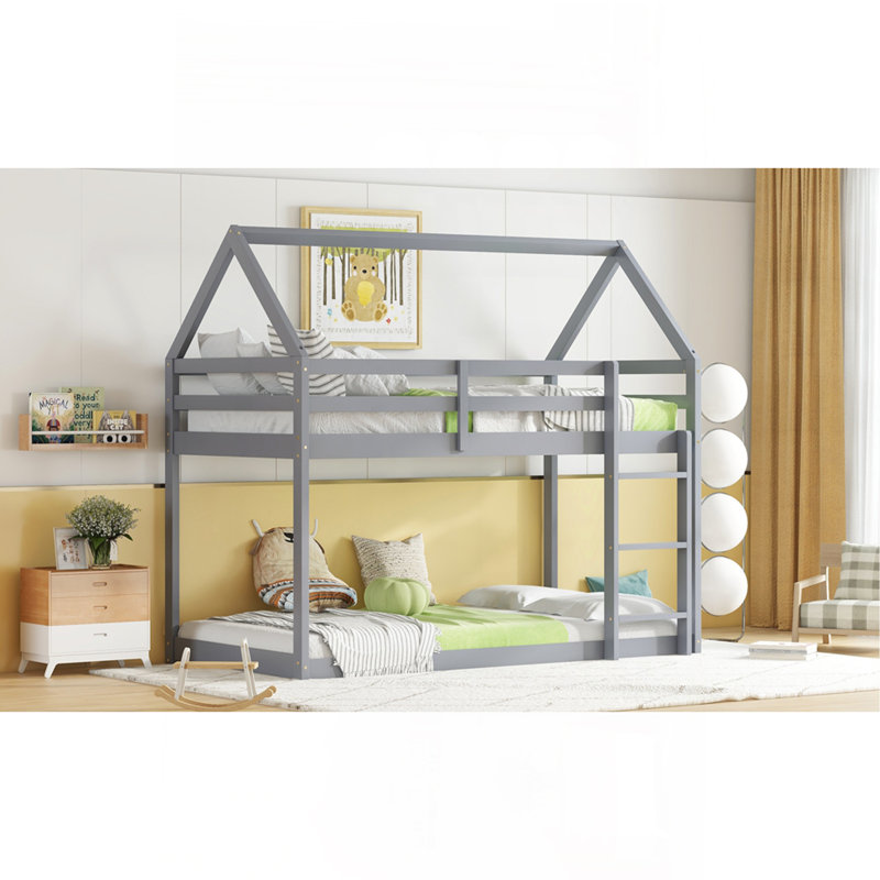 Lit simple superposé au sol en bois d'hévéa simple avec échelle, garde-corps, lit superposé en forme de maison, Gris