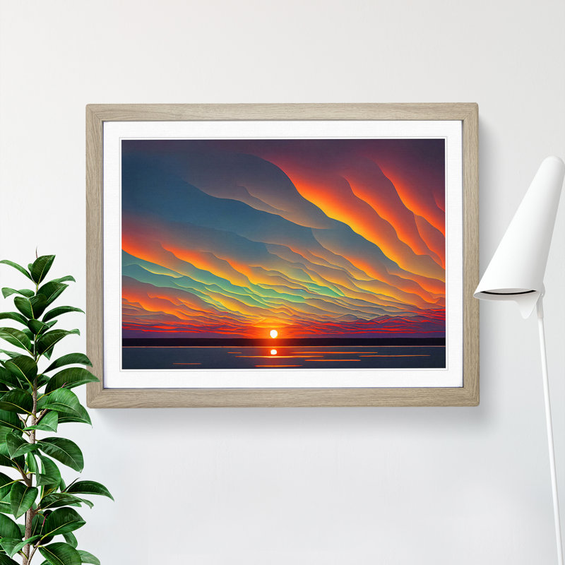 Wondrous Ocean Sunset - Single Picture Frame Painting, 34cm H x 46cm W x 2cm D, Oak