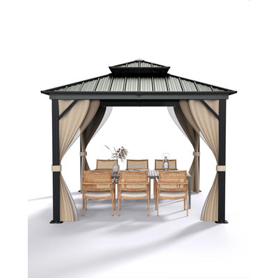 Pavillon de jardin 10 po x 10 pi à toit rigide, double toit galvanisé, structure en aluminium, avec filet et rideaux, pour la cour, le patio et la pelouse