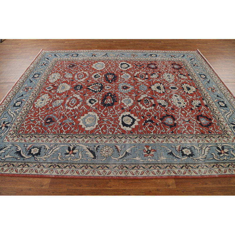 Tapis rouge en laine noué à la main de conception unique 8 pi 0 po x 9 pi 9 po New Age