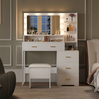 Bureau de maquillage avec miroir et 9 ampoules DEL, coiffeuse avec tiroirs de rangement, tablettes ouvertes pour B