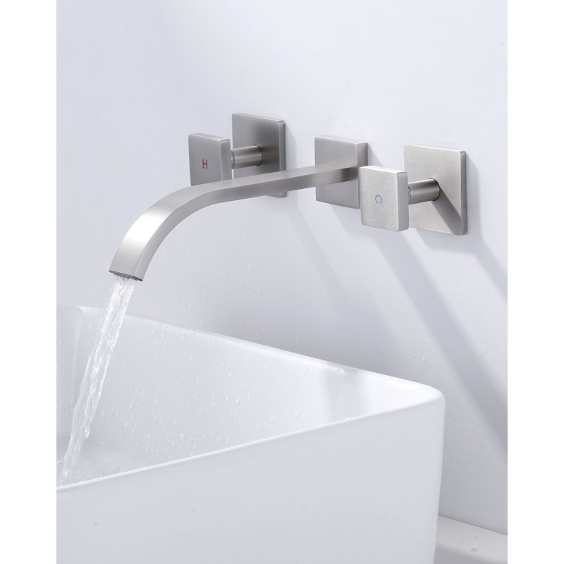 Solid Brass Wall Mounted Double Handle Bathroom Faucet with Waterfall Spout, Brushed Nickel