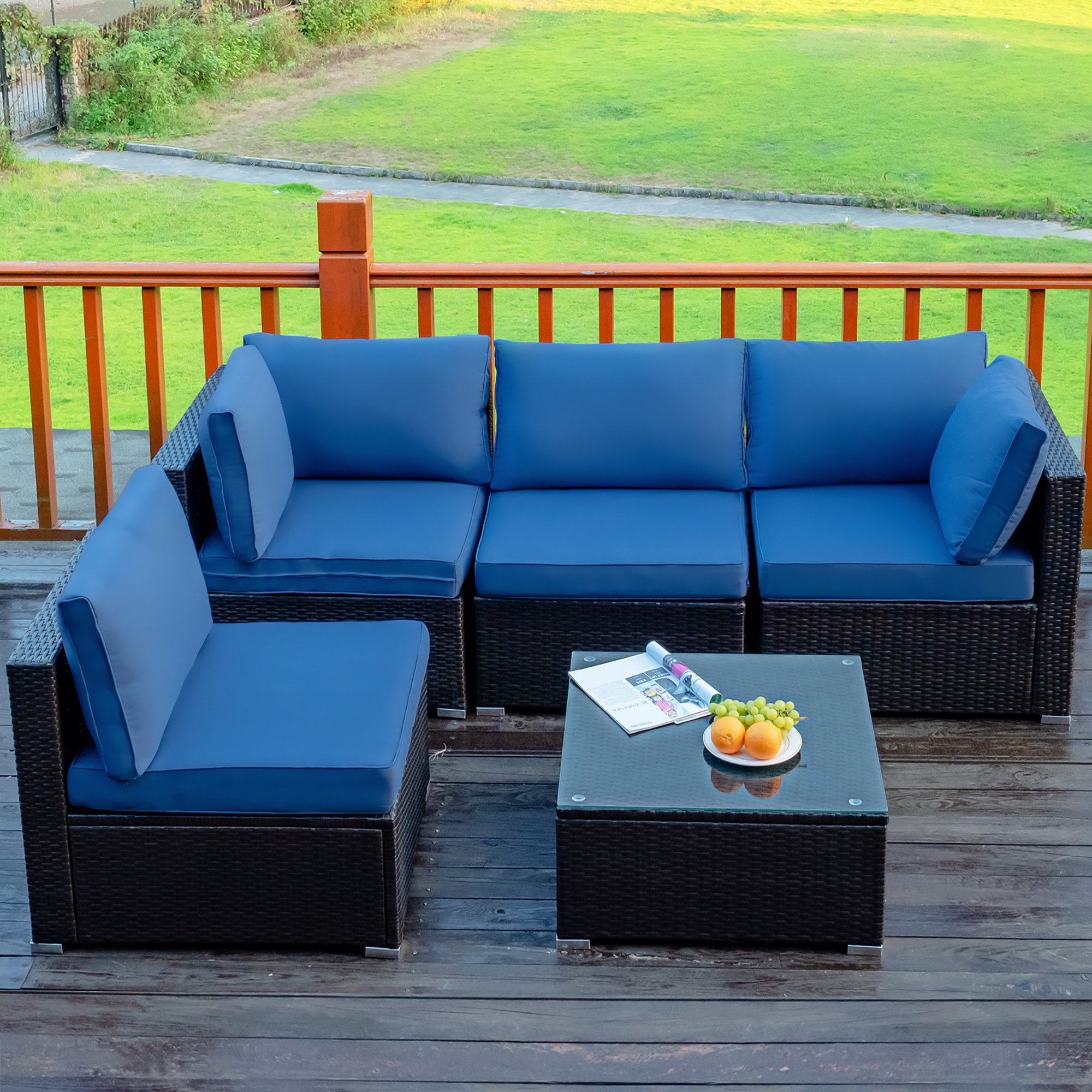 Latitude Run® 5 Piece Rattan Sectional Seating Group with Cushions