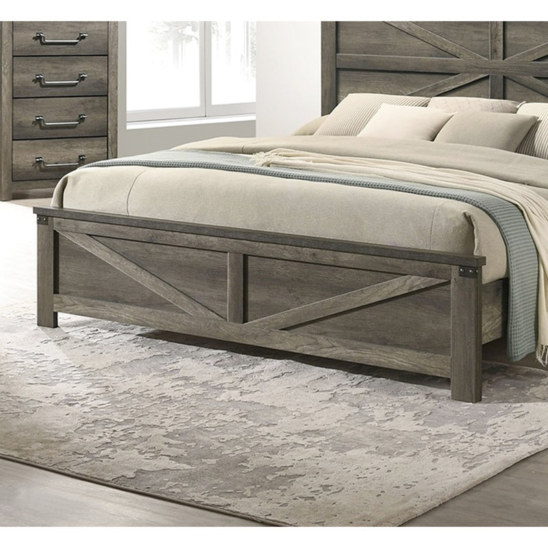 Grand lit rustique gris avec détails en métal et bois d'hévéa, tête de lit en bois d'ingénierie, cadre de chambre à coucher moderne avec style, papier, simple