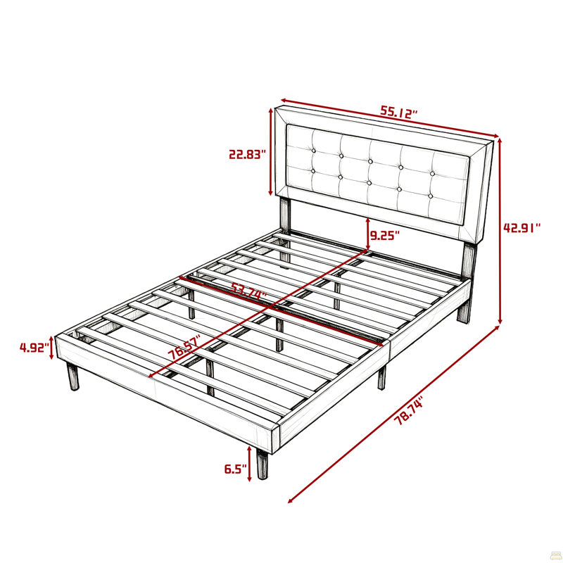 Structure de lit double tapissier pleine grandeur avec tête de lit capitonnée carrée, structure de lit facile à assembler pour la chambre à coucher, gris clair