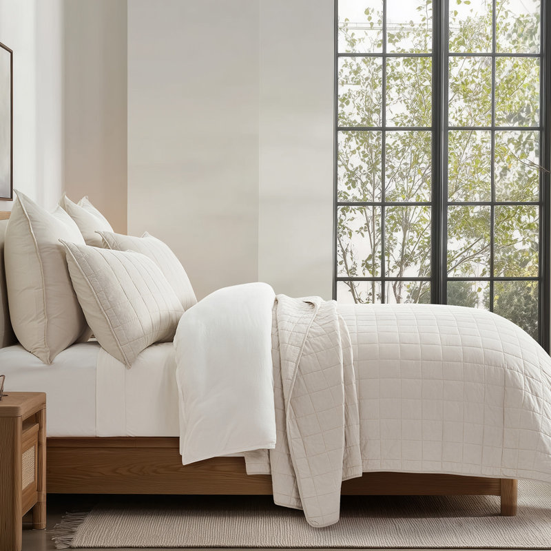 100% Cotton Box Stitch Quilt Set, Queen Quilt + 2 Queen Shams, Birch