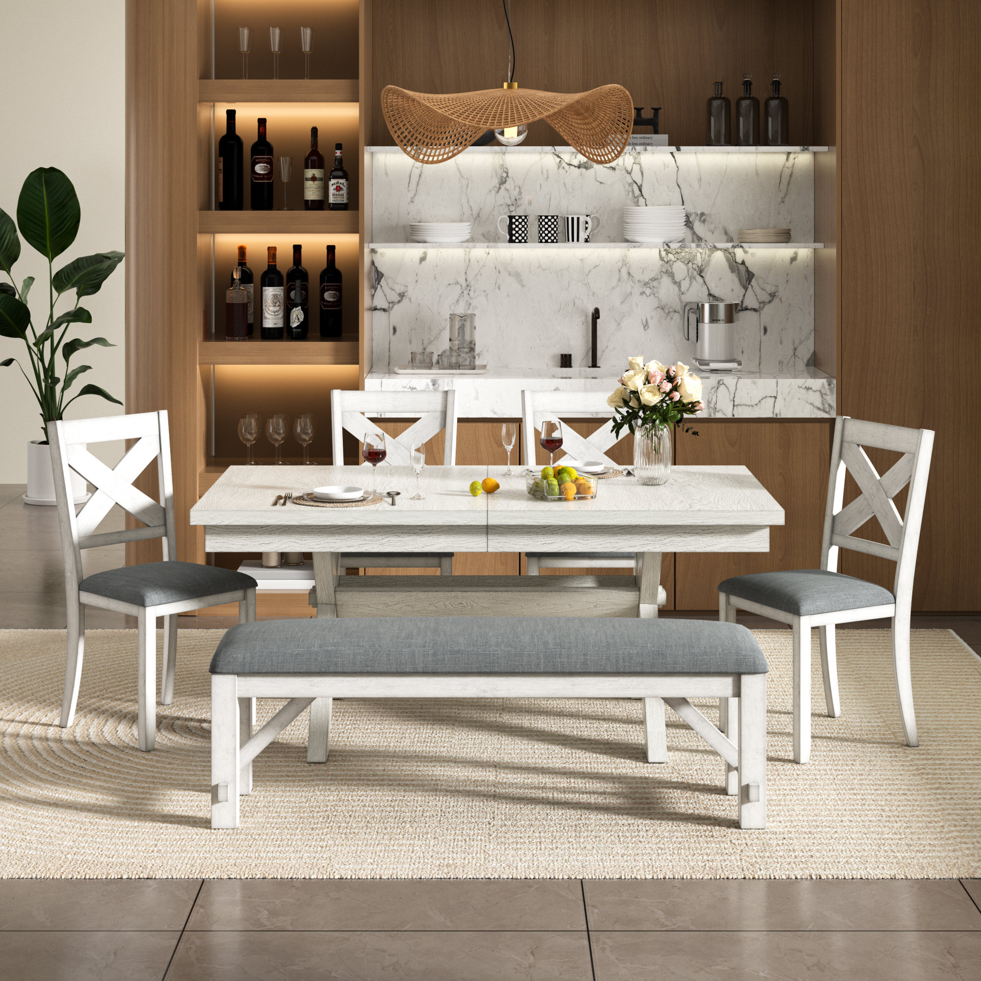 6-Piece Extendable Dining Table Set For 6-8 People Expandable 71"-90" Solid Wood Kitchen Table & 4  Upholstered Chairs & 1 Bench Space-Saving Set For Dining Room, Kitchen