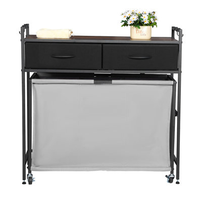 Trieur de linge à 3 sections, panier à linge roulant avec 2 tiroirs, crochets ou roulettes, rangement pour panier à roulettes avec sacs à roulettes coulissants et plateau en bois pour les vêtements sales, salle de bain