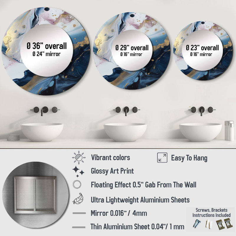 Phare Blue And White Enigmatic Stones II - Marble Decorative Mirror, Blue Round Wall Mirror, Printed Metal Art, 36" x 36"