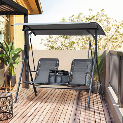 Balancelle de patio 2 places, balançoire à baldaquin d'extérieur avec table de rangement pivotante, porte-gobelet, abat-jour réglable, suspension de siège élastique et structure en acier résistant aux intempéries, gris