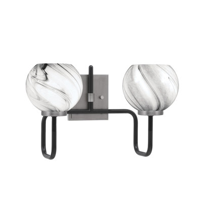 Barre d'éclairage de salle de bain 2 lumières Amarmula, noir mat et finition graphite, verre tourbillon onyx de 5,75 po