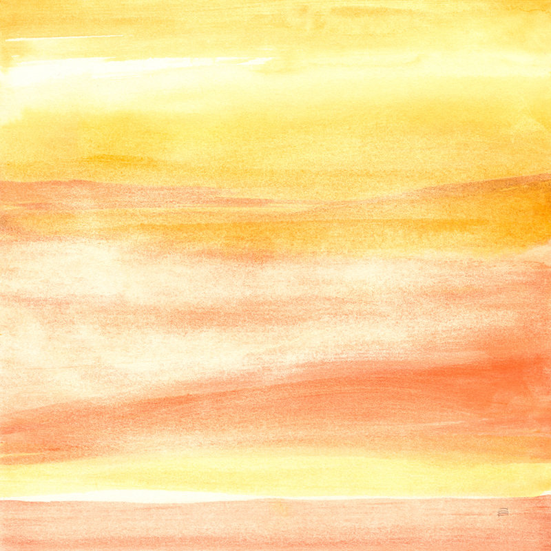 Aquarelle orange, jaune et or II, larges coups de pinceau, abstrait, H 24 po x l 48 po x P 1,5 po