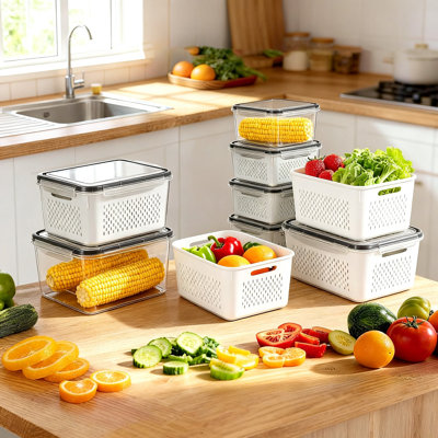 Fruit Storage Containers For Fridge, Plastic Fridge Organizers With Removable Colanders, Leakproof Food Storage For Berries, Vegetables, Salad, Lettuce, And Meat, 5 Pack, (White)