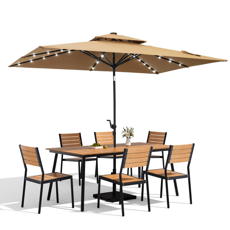 Ensemble de salle à manger en aluminium pour 6 personnes avec chaises empilables, parasol solaire à DEL et base lestée, Tan