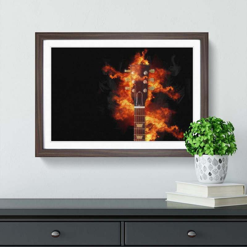 Guitar on Fire in Abstract - Picture Frame Painting Print, 36cm H x 48cm W x 2cm D, Walnut Framed