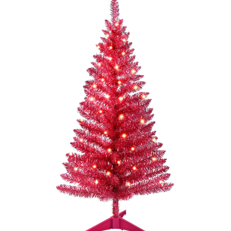 Arbre de Noël rouge de 4 pieds avec 50 lumières et 122 pointes pour les espaces intérieurs compacts dans les bureaux ou les tables