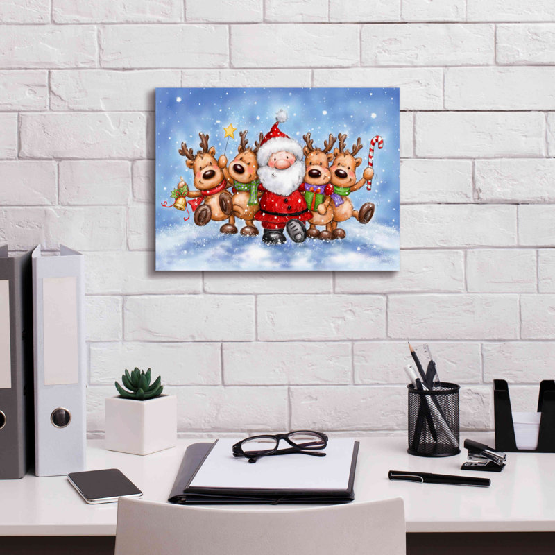 Santa With Reindeers by Makiko - Wrapped Canvas Print, 12" H x 16" W x 0.75" D