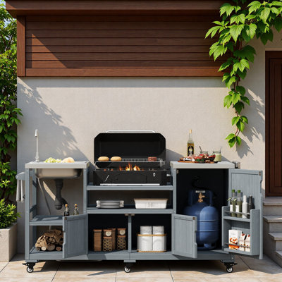 Outdoor Kitchen Island With Sink, Stainless Steel Top, Storage Cabinets, And Internal Storage Racks