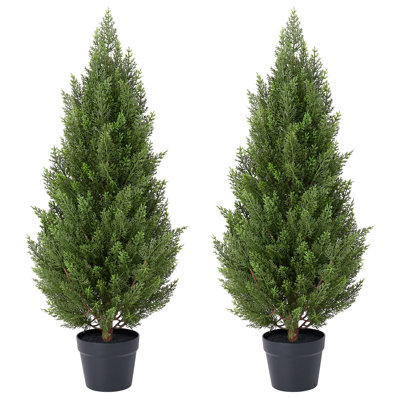 3ft Artificial Cedar Tree With Natural Wood Trunk, Set of 2 UV Resistant Outdoor Faux Cedar Tree In Pot, Fake Pine Topiary Plant For Front Porch Entryway Patio Home Decor