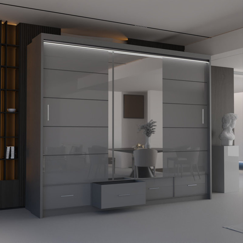 Bahos 3 Door Manufactured Wood Wardrobe, Grey, 220cm H x 255cm W x 66cm D