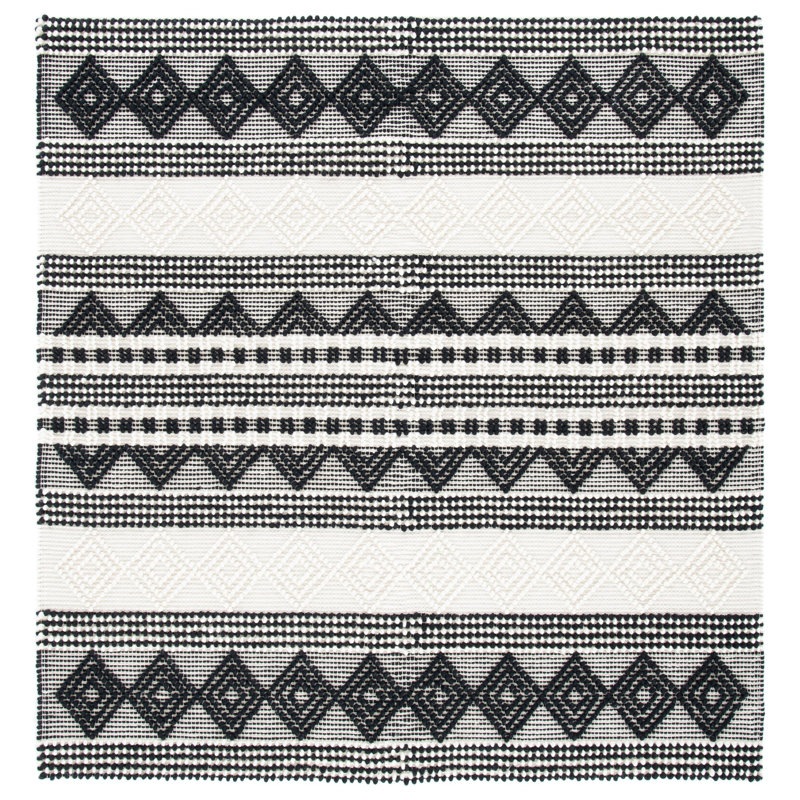 Tapis rayé en laine / coton ivoire / noir Stimpson, Carré 4 pi