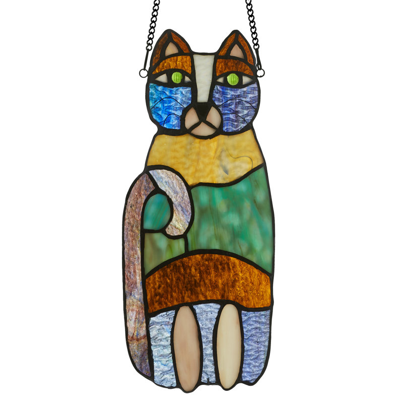13"H Crazy Cat-Stained Glass Window Panel